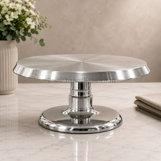 2 Piece Shiny Silver Cake Turntable - Stainless Steel Top with Detachable Fiber Base