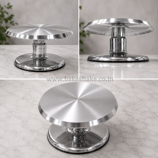 3 Piece Shiny Silver Heavy Cake Turntable - Stainless Steel Top with Detachable Fiber Base