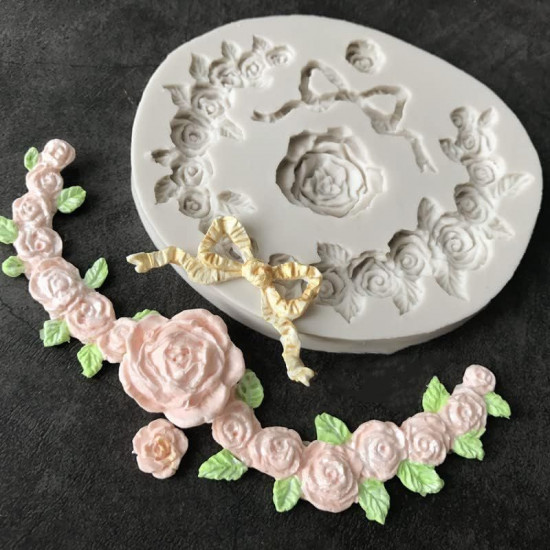 Baroque Ribbon Cake Decorating Rose Wreath Silicone Fondant Mould