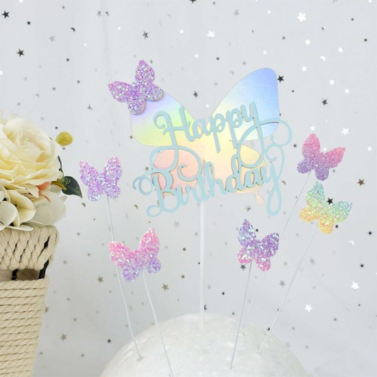 Gradient Butterfly Blue Happy Birthday Cake Topper