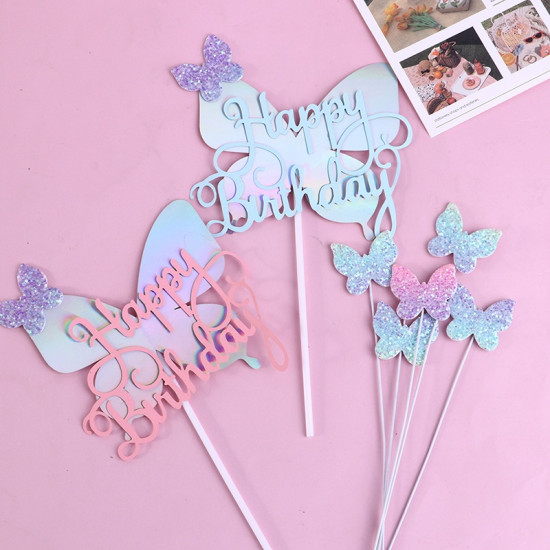 Gradient Butterfly Pink Happy Birthday Cake Topper