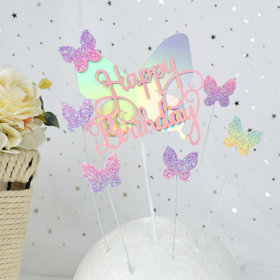 Gradient Butterfly Pink Happy Birthday Cake Topper