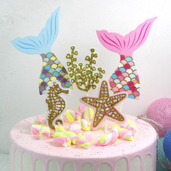 Mermaid Tail, Starfish, Coral, Seahorse Cake Toppers Set
