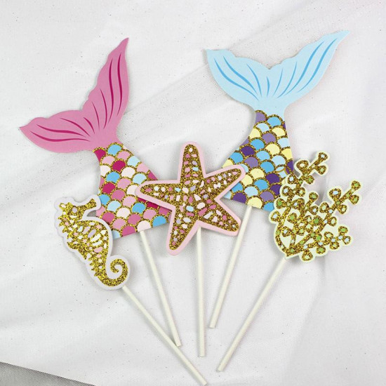 Mermaid Tail, Starfish, Coral, Seahorse Cake Toppers Set