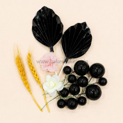 Faux Ball, Palm Leaf, Bunny Tail, Flower Mix Topper Set for Cake Decoration (Black)
