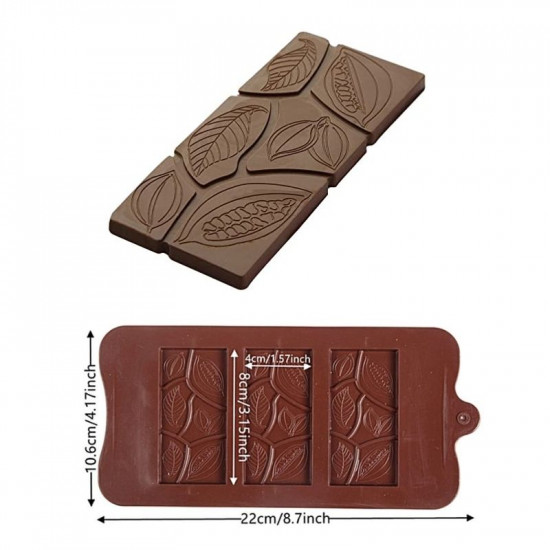 Chocolate Bar Silicone Mould - 3 Cavity Cocoa Bean Leaf Imprint 