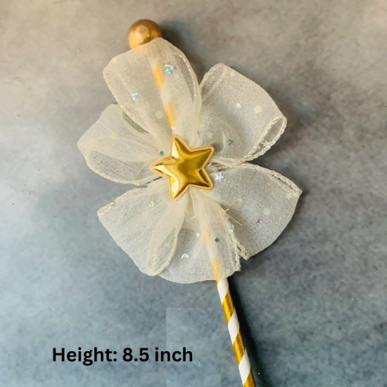 Fancy Net Flower With Star Cake Topper - Off White & Gold