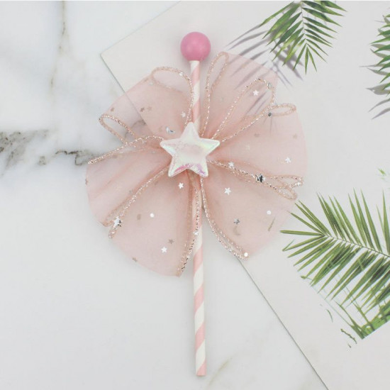 Fancy Net Flower With Star Cake Topper - Off White & Gold