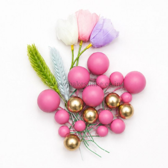 Faux Ball, Bunny Tail, Flower Mix Topper Set for Cake Decoration Style 2