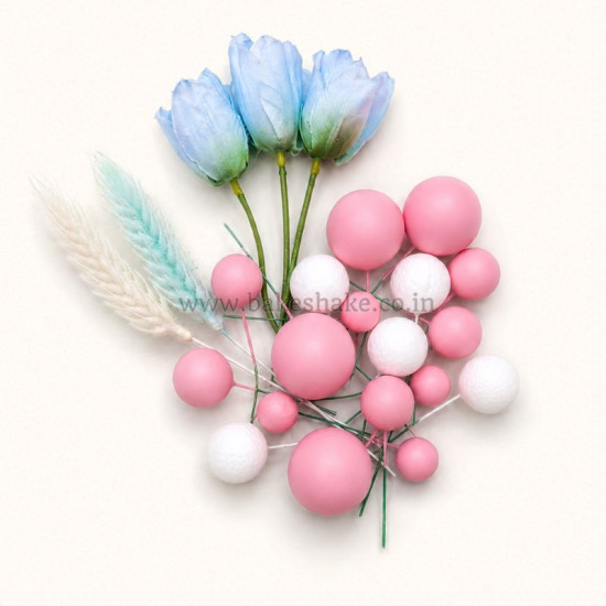 Faux Ball, Bunny Tail, Flower Mix Topper Set for Cake Decoration Style 5