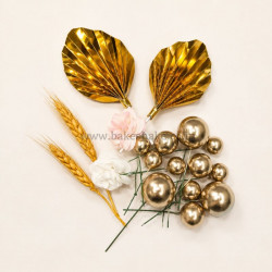 Faux Ball, Palm Leaf, Bunny Tail, Flower Mix Topper Set for Cake Decoration (Golden)