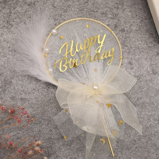 Happy Birthday Round Feather Cake Topper