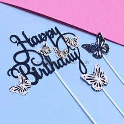Happy Birthday Glitter Butterfly Cake Topper - Black