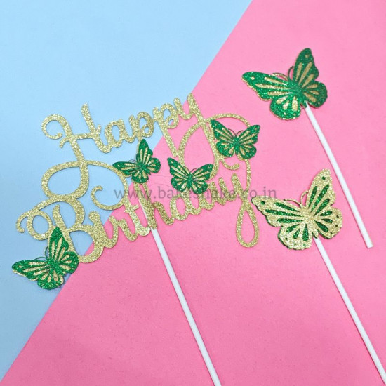 Happy Birthday Glitter Butterfly Cake Topper - Green And Golden