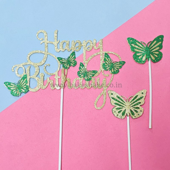 Happy Birthday Glitter Butterfly Cake Topper - Green And Golden