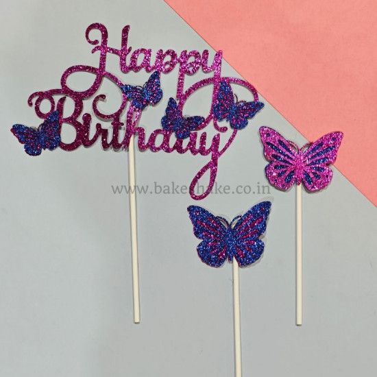 Happy Birthday Glitter Butterfly Cake Topper - Pink And Blue