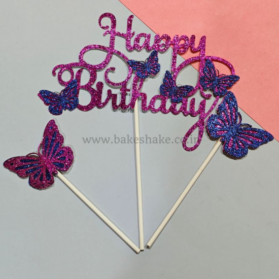 Happy Birthday Glitter Butterfly Cake Topper - Pink And Blue