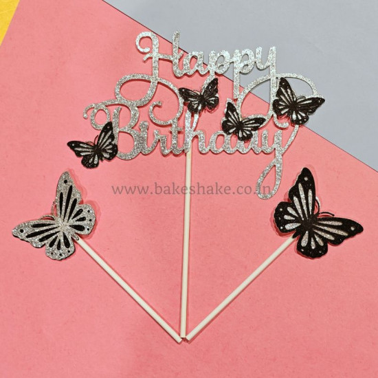 Happy Birthday Glitter Butterfly Cake Topper - Silver And Black