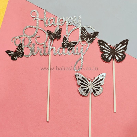 Happy Birthday Glitter Butterfly Cake Topper - Silver And Black