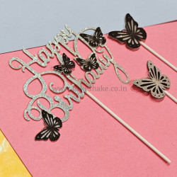 Happy Birthday Glitter Butterfly Cake Topper - Silver And Black