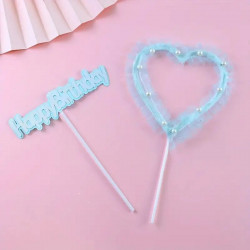 Happy Birthday Heart Shape Cake Topper Blue (Set of 2)