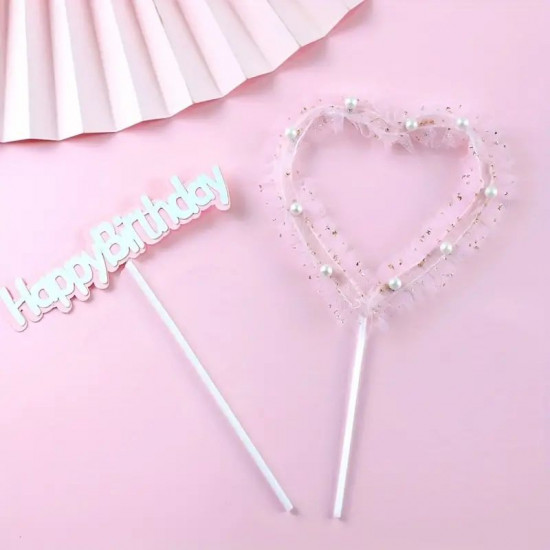 Happy Birthday Heart Shape Cake Topper Pink (Set of 2)
