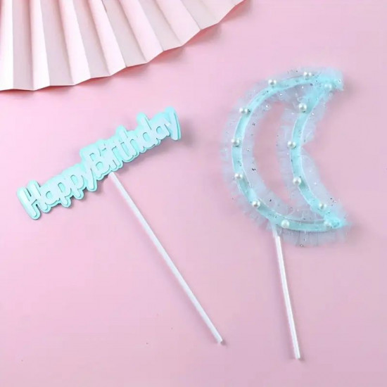 Happy Birthday Moon Shape Cake Topper Blue (Set of 2)