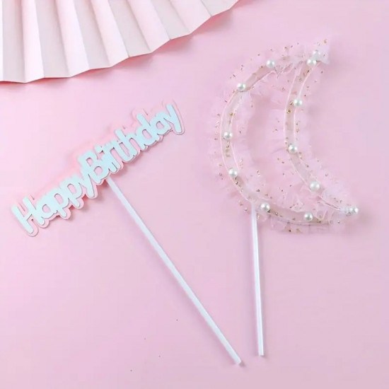 Happy Birthday Moon Shape Cake Topper Pink (Set of 2)