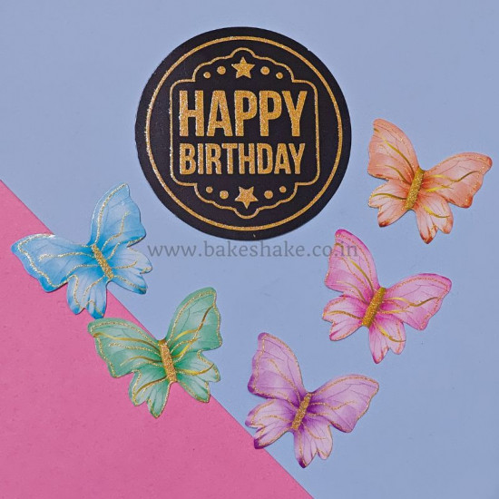 Happy Birthday Round Paper Cake Topper - Black (Set of 6 Pieces)