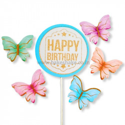 Happy Birthday Round Paper Cake Topper - Blue (Set of 6 Pieces)