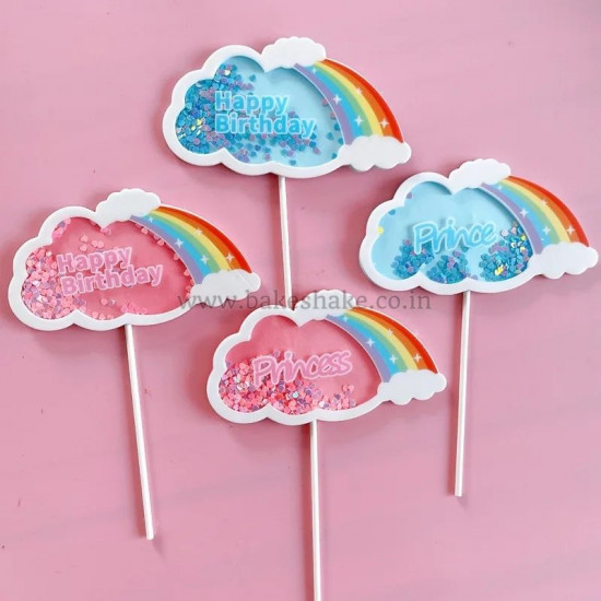 Birthday Rainbow Cloud Sequins Cake Topper - Pink