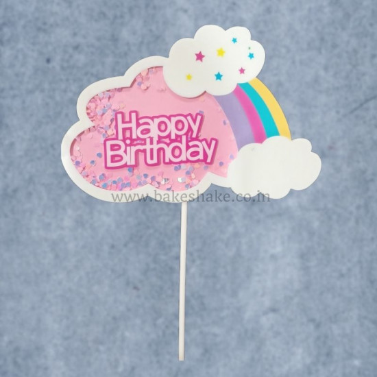 Happy Birthday Rainbow Cloud Sequins Cake Topper - Pink