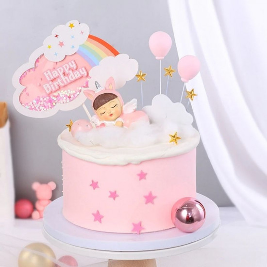 Birthday Rainbow Cloud Sequins Cake Topper - Pink