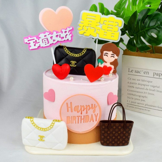 Luxury Handbag Miniature Cake Topper - Printed Brown