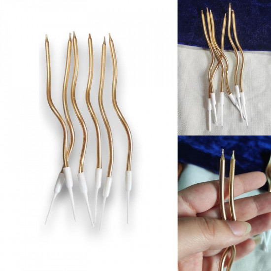 Metallic Finish Curly Candle with Holder (Set of 6) - Champagne Gold