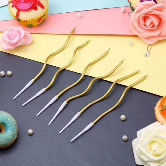 Metallic Finish Curly Candle with Holder (Set of 6) - Golden