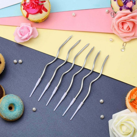 Metallic Finish Curly Candle with Holder (Set of 6) - Silver