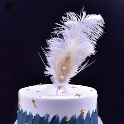 White Beige Pearl Feather Cake Topper
