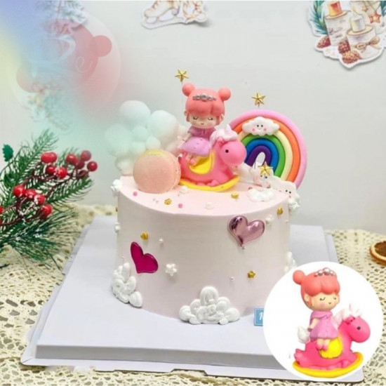 Pink Princess Doll Riding Unicorn Horse Cake Topper