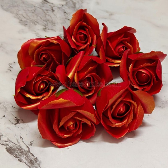 Artificial Red Gold Shaded Rose Flowers (Set of 10)