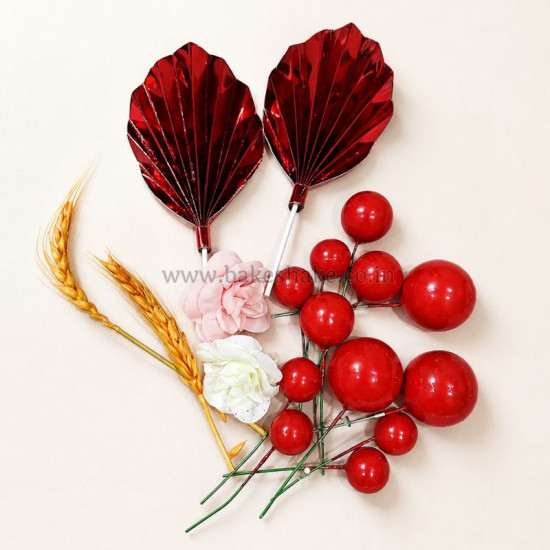 Faux Ball, Palm Leaf, Bunny Tail, Flower Mix Topper Set for Cake Decoration (Red)