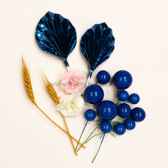 Faux Ball, Palm Leaf, Bunny Tail, Flower Mix Topper Set for Cake Decoration (Royal Blue)