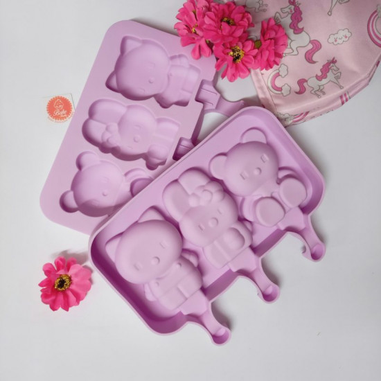 Teddy Kitty 3 Cavity Silicone Popsicle Mould Teddy Kitty 3 Cavity Silicone Popsicle Mould